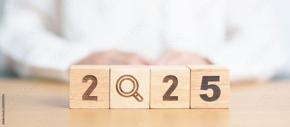 2025 block with magnifying glass icon. SEO, Search Engine Optimization, hiring , Advertising, Idea, Strategy, marketing, Keyword, Content and New Year start concepts